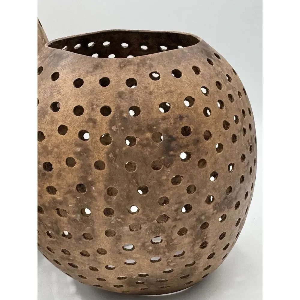3 Piece Coconut Shell Candle Holders Set Hollow Pierced Handmade Natural Rustic